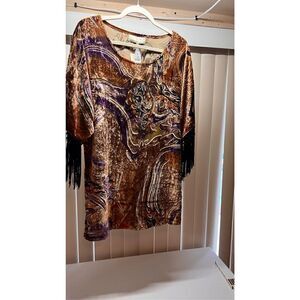 COTTON CLUB BROWN VELOUR PAISLEY SHIRT FRINGE SLEEVES SIZE 10 NEW